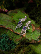 Purple sapphire crescent moon and star earrings, silver-tone with sparkling pavé settings