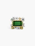 Gold ring featuring rectangular green tourmaline center with diamond halo and side motifs