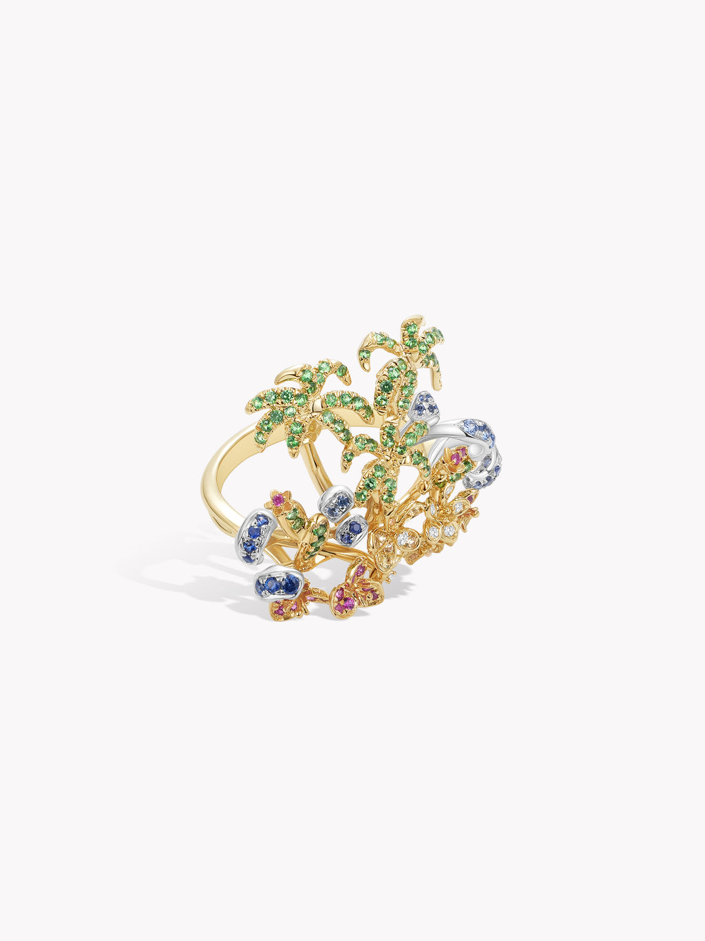 Gold-tone statement ring with heart tree motif, multicolor stones and openwork wave base