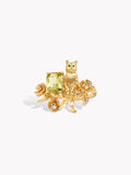 Gold cat guardian rose ring with cushion-cut light yellow gemstone and cat figure