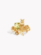 Gold cat guardian rose ring with cushion-cut light yellow gemstone and cat figure