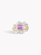 Twisted band ring with purple rectangular sapphire and diamond pavé cluster, 3D view
