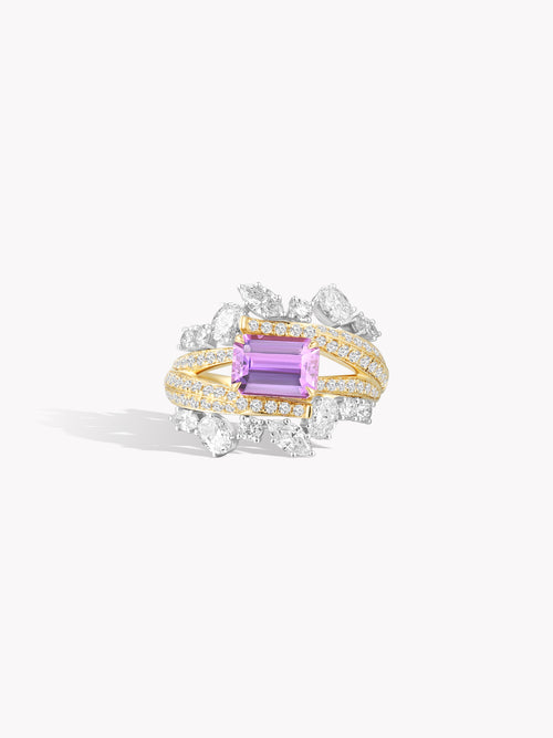 Twisted band ring with purple rectangular sapphire and diamond pavé cluster, 3D view