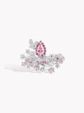 Pink diamond butterfly bloom ring with pear center and scattered floral stones.