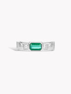 Men’s emerald ring, silver band with rectangular green center stone and engraved side panels