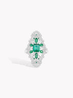 Emerald-green cluster ring with leaf-shaped halo of clear stones