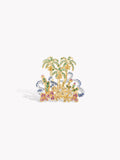 Gold-tone gemstone ring with palm trees and clustered blue and pink stones