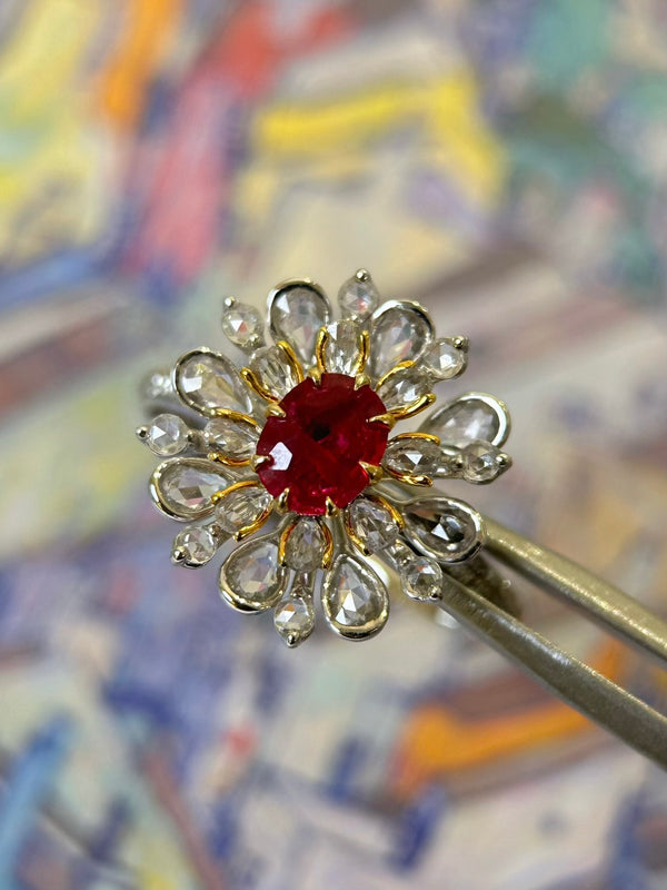 Certified 0.5ct Ruby Lotus Ring with 0.32ct White Sapphire in 18k Gold and White Gold