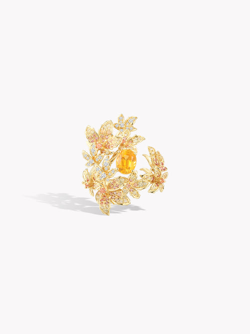Maple leaf open ring with gold-tone lattice and multiple yellow oval stones