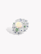 Opal starfish ring, oval opal center with blue stones and green highlights in silver