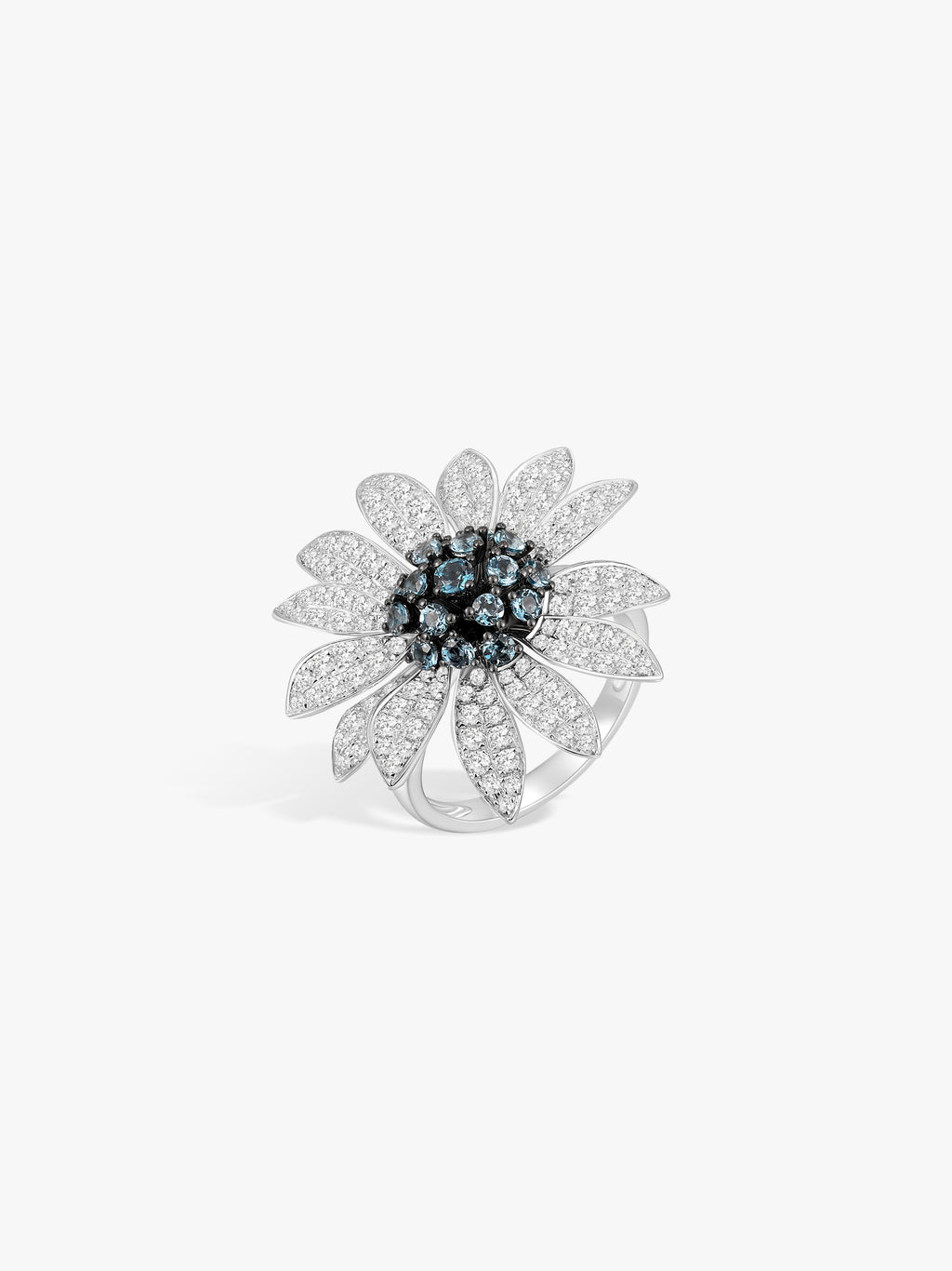 Sunflower ring with sparkling silver-toned petals and blue center gemstone cluster