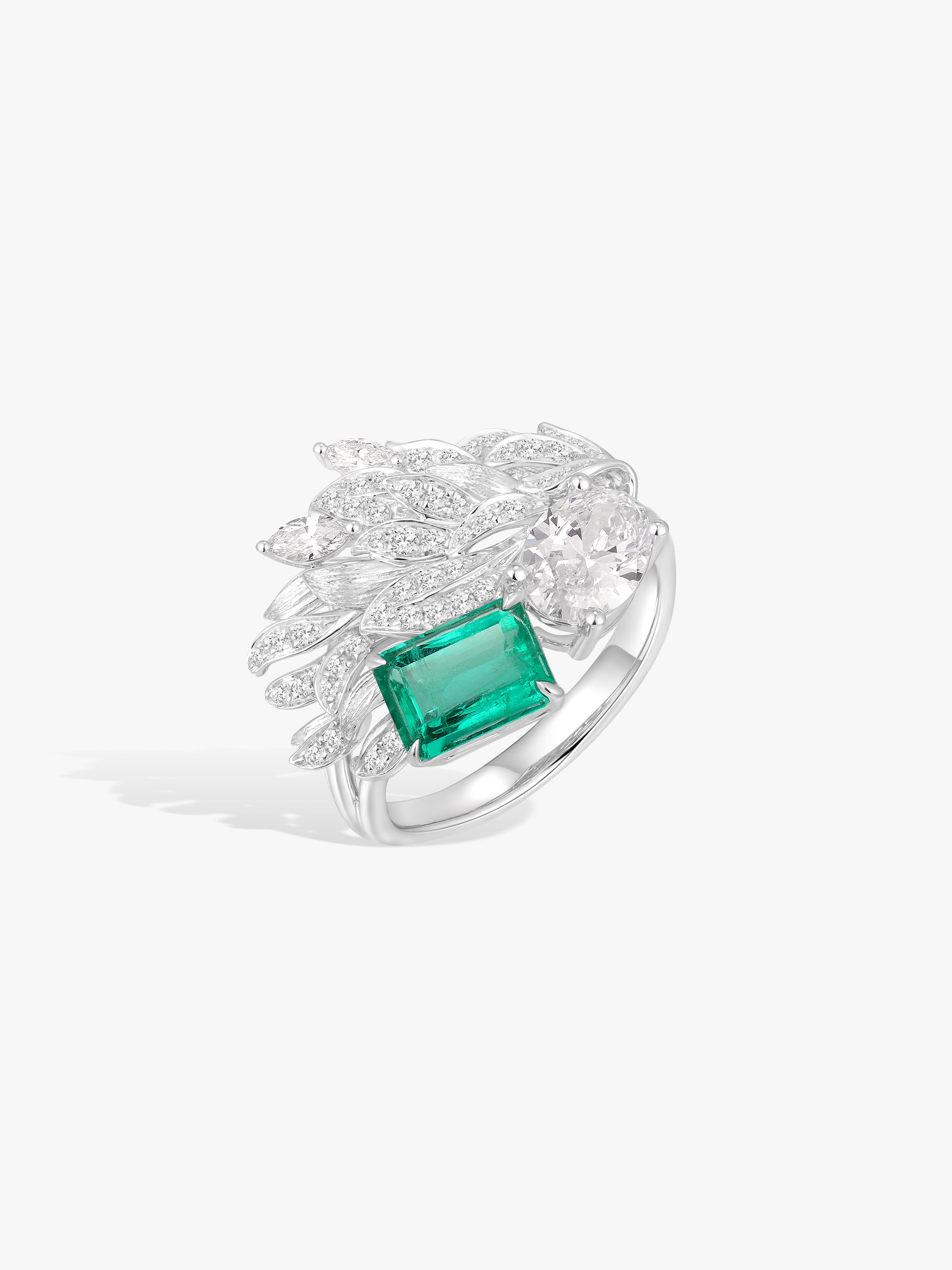 Bespoke Archieve: 0.88ct Emerald Swan Wing Ring with Twin Stones
