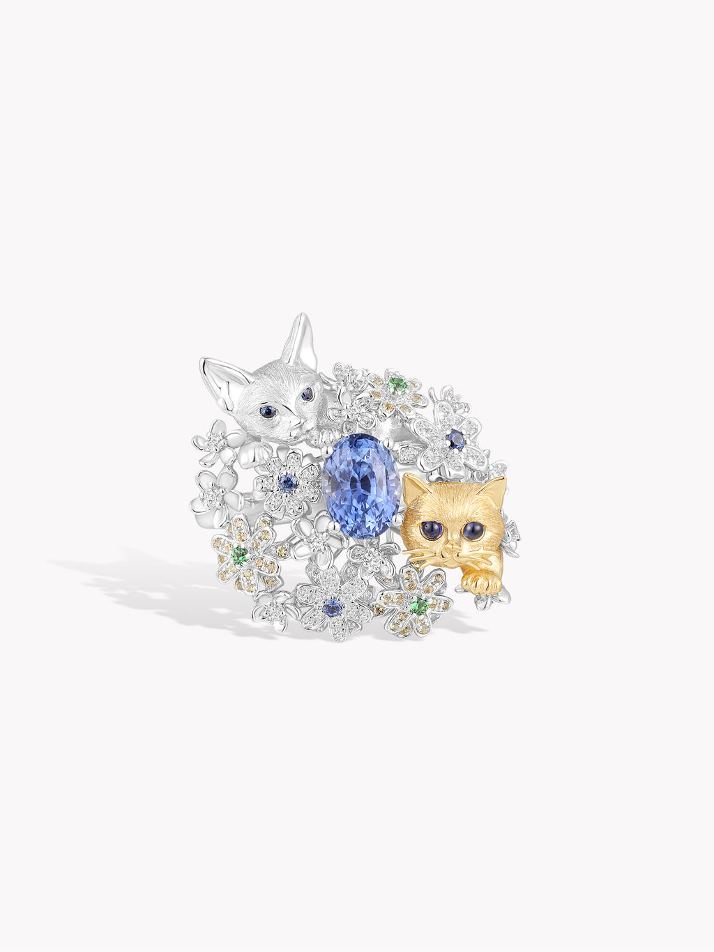 Custom: 1.39ct Glacier Blue Sapphire Twin Cats Daisy Garden Ring