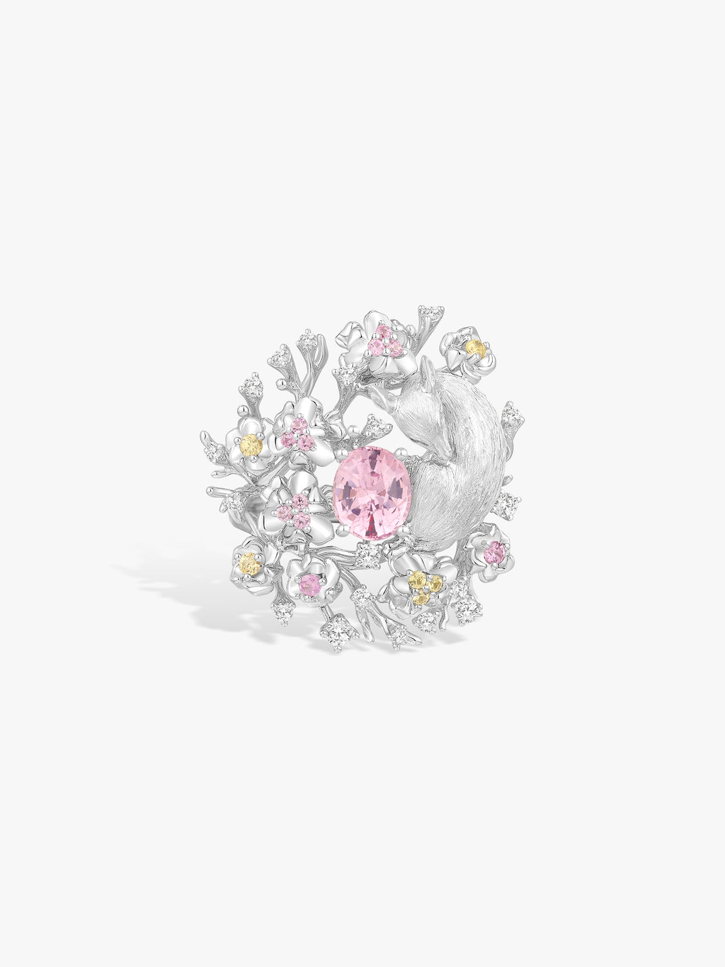 Floral branch ring with pink oval center gemstone and clear diamonds in white metal