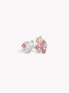 Silver cat-and-butterfly ring with pink oval center, orange and pink flower gemstones