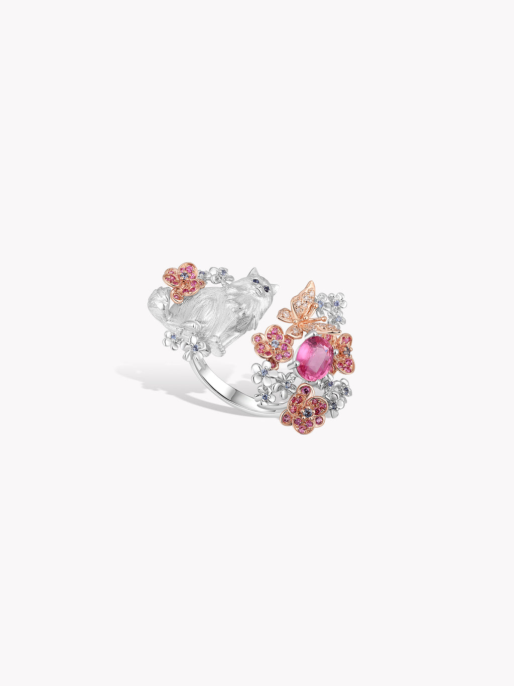 Custom: 1ct Padparadscha Sapphire Butterfly & Kitty Garden Ring