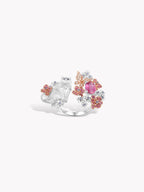 Silver ring with cat and butterfly motifs, pink oval center gemstone and small floral gems