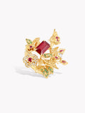 Gold-tone thorny branch ring, maroon square center with pink stones and green leaves