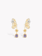 Gold butterfly drop earrings with purple sapphire square stones and pavé accents