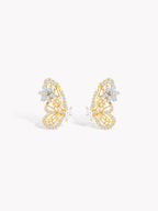 Gold butterfly drop earrings with purple sapphire square stone, filigree scrollwork