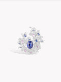 Rose garden ring, blue oval center with diamond petals and pink stones