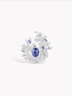 Rose garden ring, blue oval center with diamond petals and pink stones