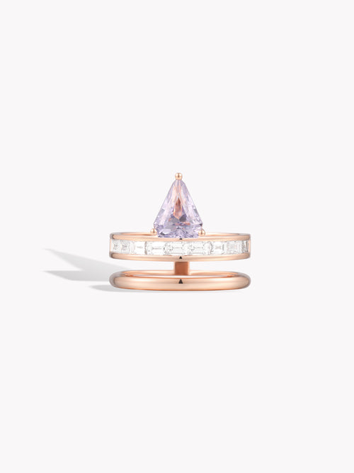 Rose gold double-band ring with triangular purple gemstone and diamond accents