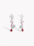 Silver drop earrings with thorned rose studs and red teardrop ruby-style dangles