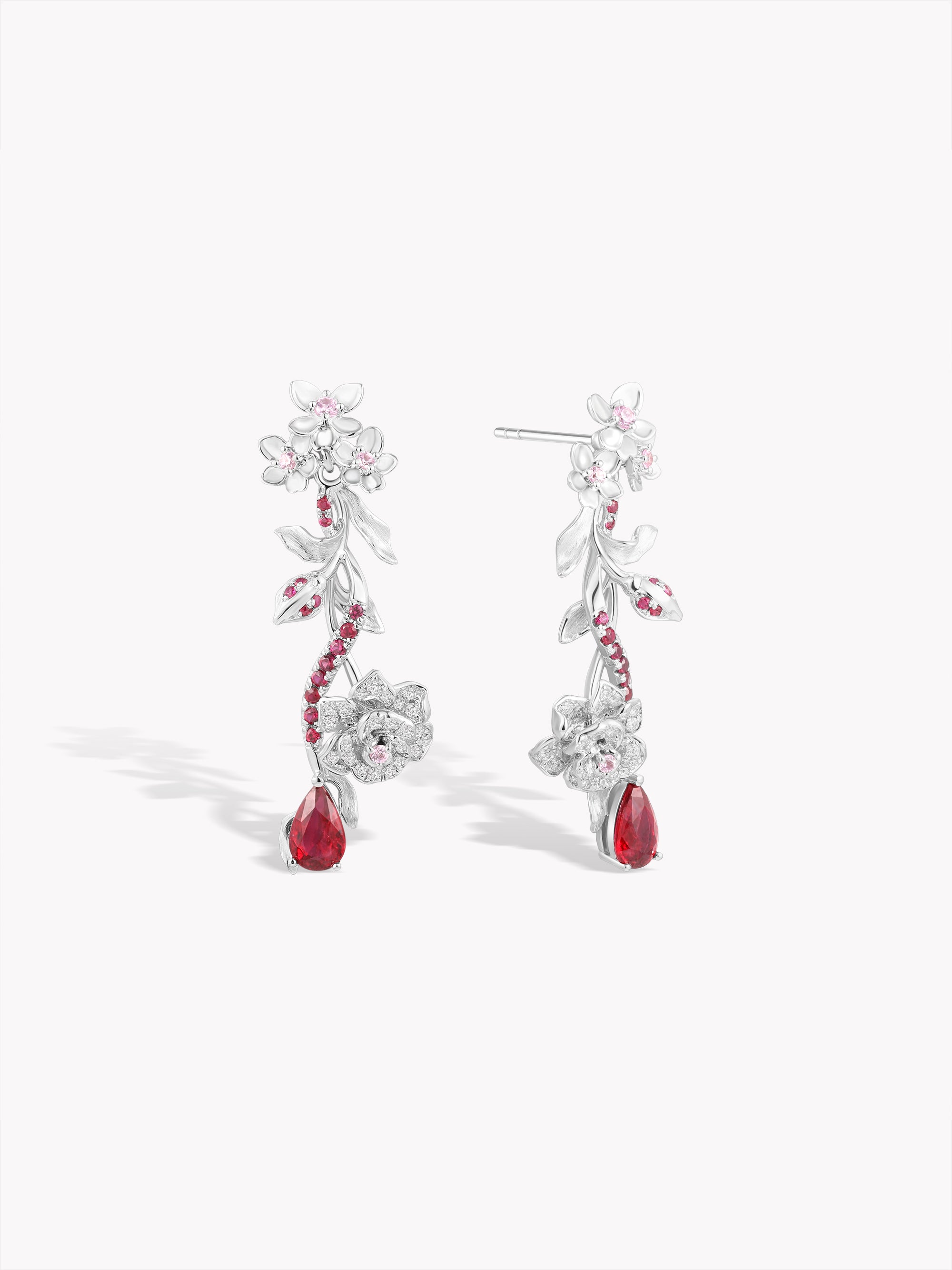 Custom: 1.02ct Thorned Rose Drop Ruby Earrings