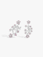 Branch blossom drop earrings angled view, silver-tone branches with pink gemstone dangles.