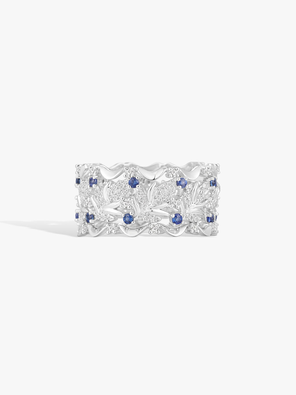 Swan wing ring with blue sapphire and clear diamond accents, silver-tone band