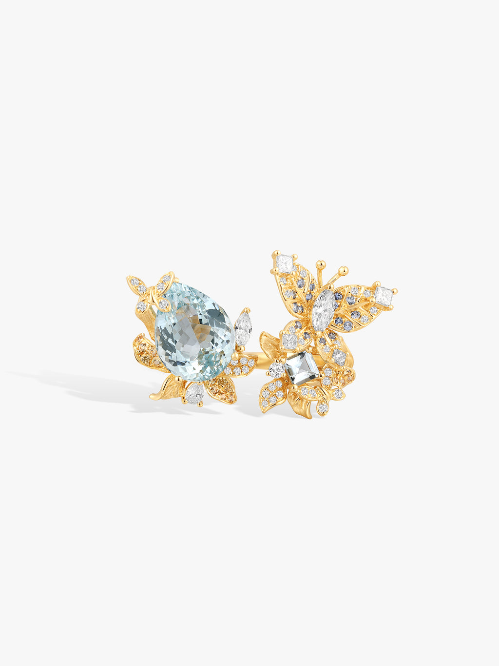 Gold aquamarine butterfly ring with oval gemstone and diamond pavé wings