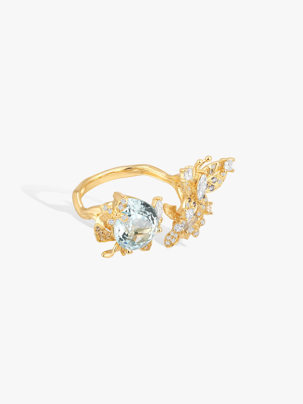 Gold aquamarine butterfly ring with oval gemstone and sparkling diamond accents