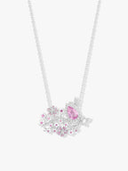 Layered sapphire and diamond necklace pendant with pink oval gemstone and pavé blooms