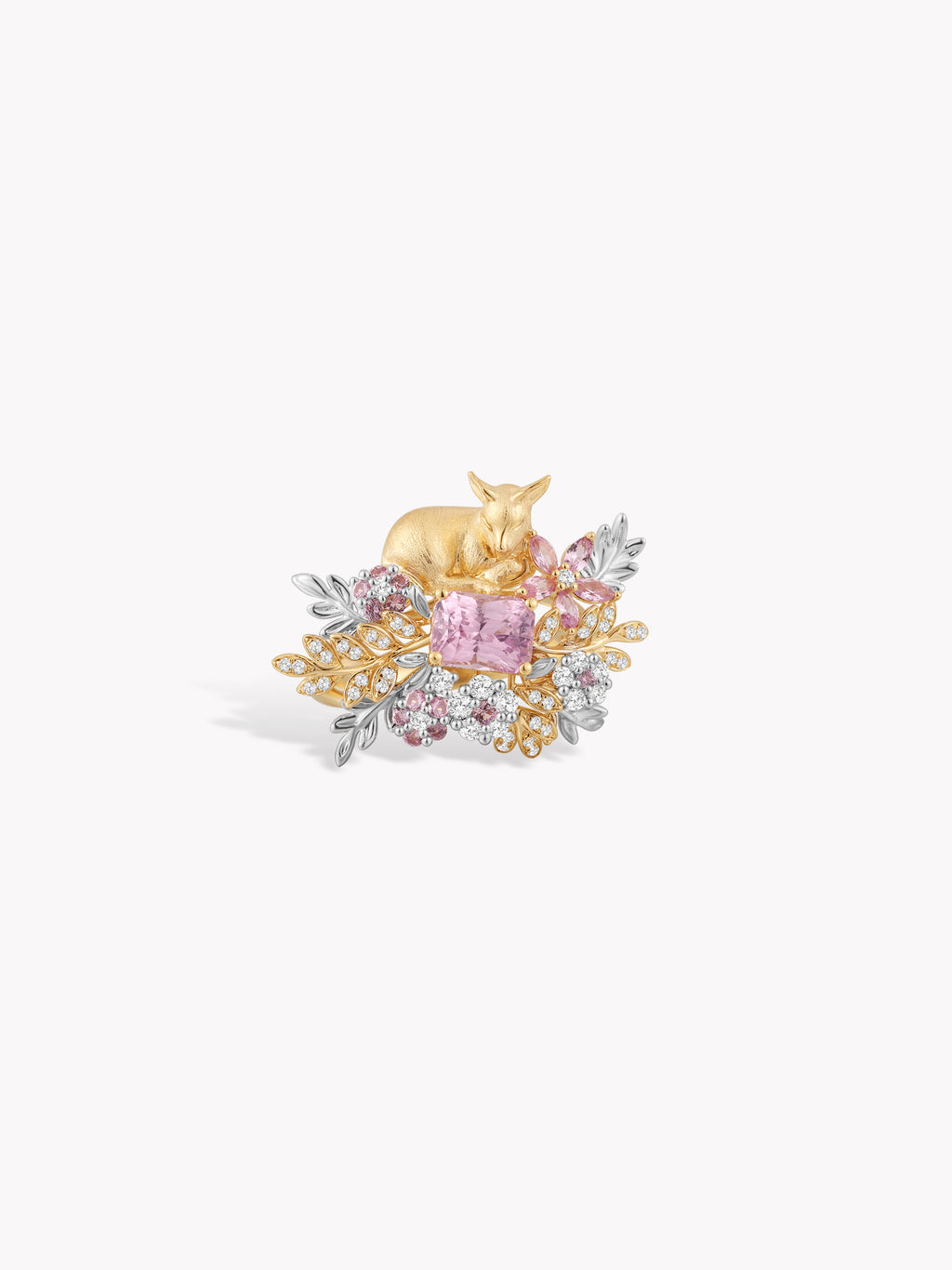 Gold-tone deer head ring with pink oval gemstone and multicolor floral accents