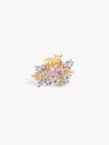 Gold-tone deer head ring with pink oval gemstone and multicolor floral accents