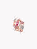 Pink marquise gemstone cherry blossom ring with branching clear pavé accents