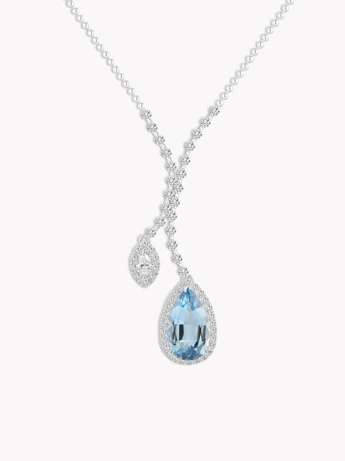 Aquamarine diamond teardrop necklace with silver chain and blue teardrop pendant
