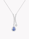 Silver double teardrop slider necklace with blue teardrop pendant and round stone links