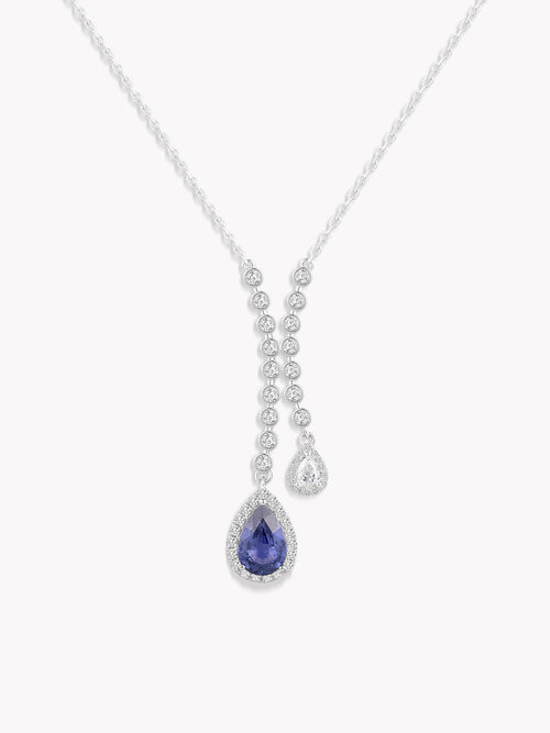 Teardrop slider necklace with blue sapphire drop and round clear stones on silver chain