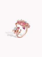 Mahenge strawberry ring, curved rose-gold band with pink floral gemstone top