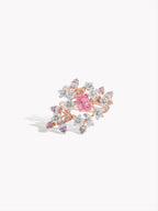 Strawberry rose gold ring with pink marquise center stone and crystal cluster petals