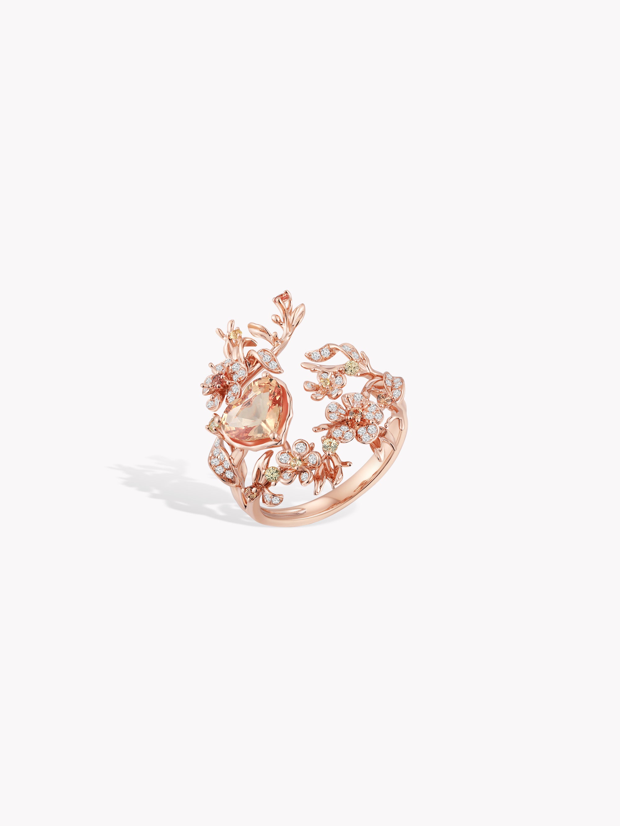 Heart-Shaped Pink Sapphire Peach Blossom Branch Ring