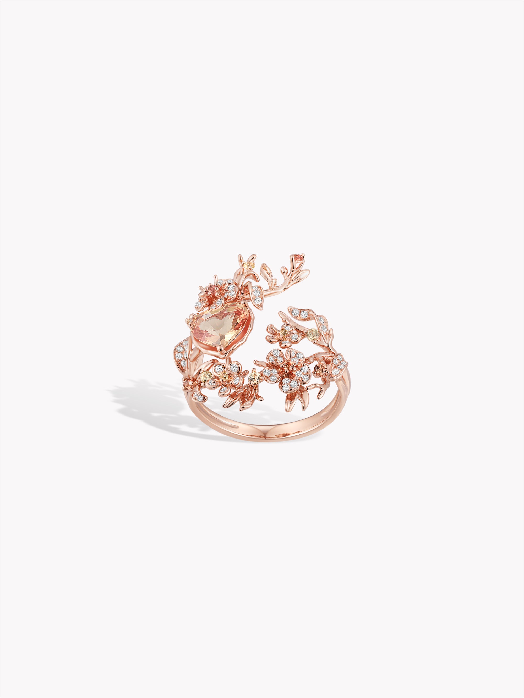 Heart-Shaped Pink Sapphire Peach Blossom Branch Ring