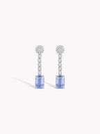 Sapphire and diamond drop earrings with three-tier pavé beads and blue square-cut stones