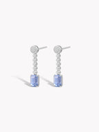 Sapphire and diamond drop earrings with pavé ball tops and blue square-cut stones