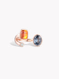 18K solid gold double-gem ring with orange cushion stone, blue oval stone, small diamonds