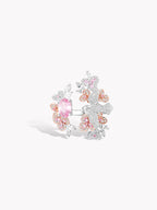 Sterling silver ring with pink oval center stones, floral and bird motifs
