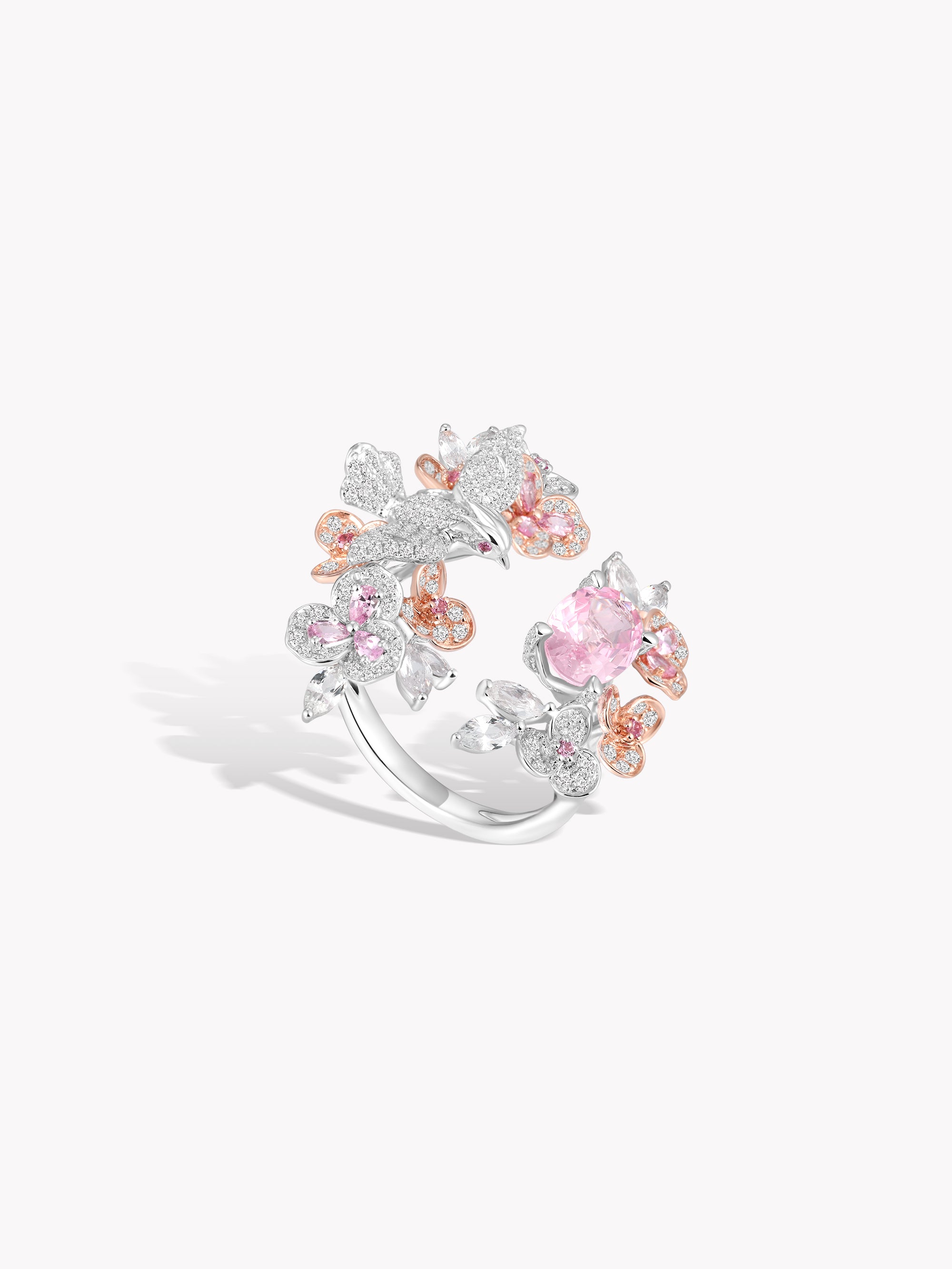 Padparadscha Cherry Blossom and Bird Ring