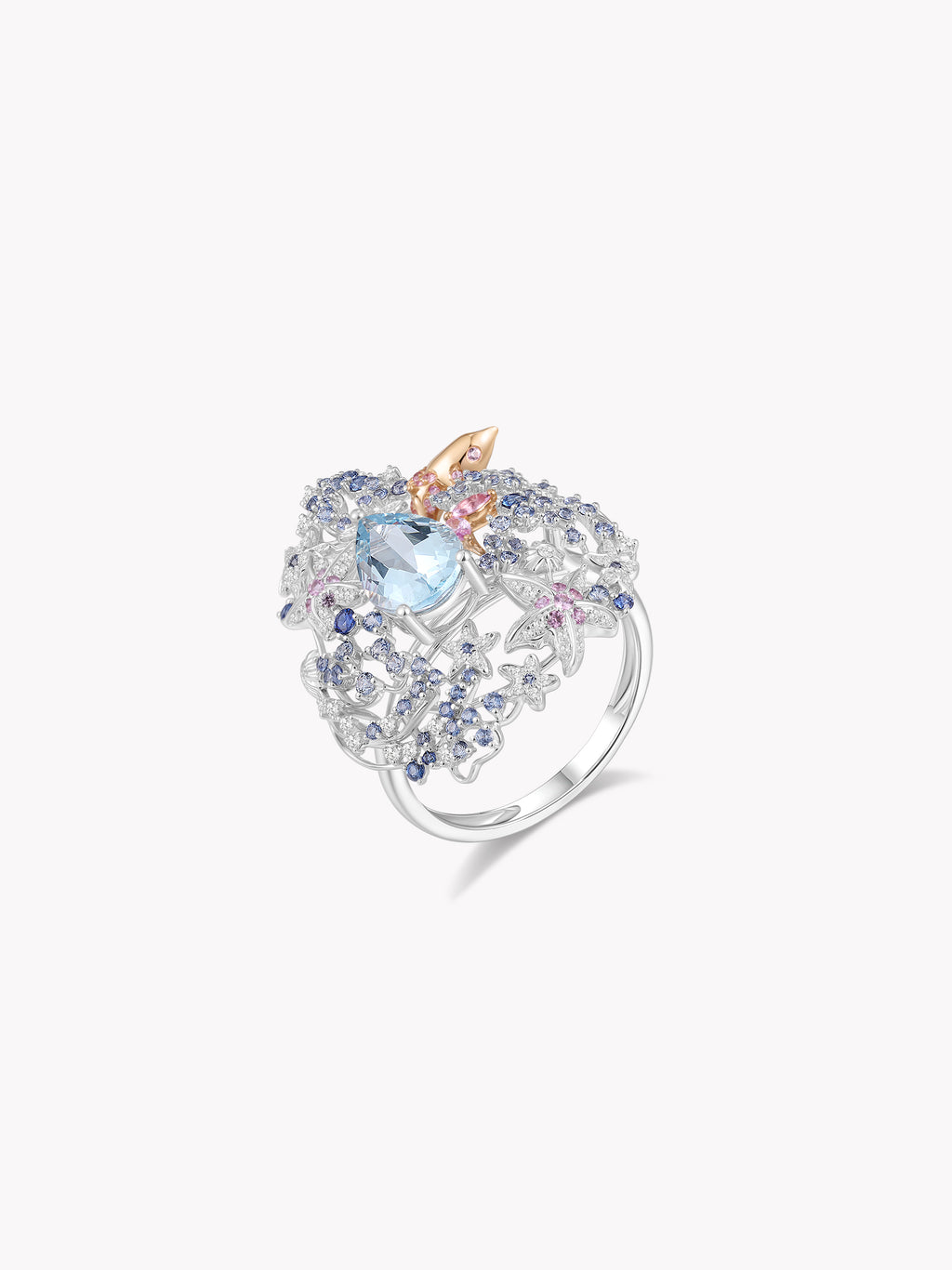 Aquamarine and diamond cluster ring in 18k solid gold with light-blue center stone, side view